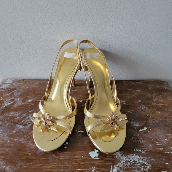 Gold metallic strappy heels with jewels Nine West - Picture 2 of 6
